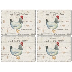 All four of the Pimpernel On The Farm placemats, red crested hen retro design