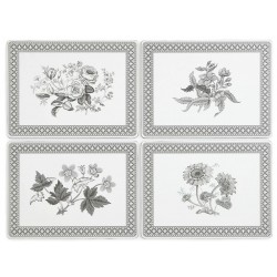 4 different patterns from the Pimpernel Heritage placemats collection, black and white Spode floral engraving images