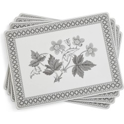 4 different patterns fanned out from the Pimpernel Heritage placemats collection, retro black and white Spode floral images