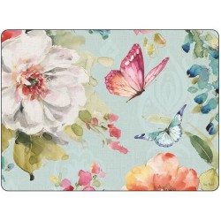 Pastel colored Colorful Breeze placemats with flowers and butterflies on a light blue background