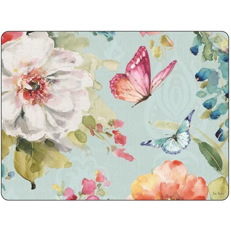 Pastel colored Colorful Breeze placemats with flowers and butterflies on a light blue background